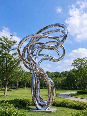 Patung Abstrak Modern Permukaan Poles Cermin Stainless Steel Dekorasi Taman Luar Ruangan Lengkungan Cair Artistik